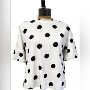 Rachel Zoe Large Black Polka Dot Stretch Jersey Knit Mock Crewneck Top Medium.